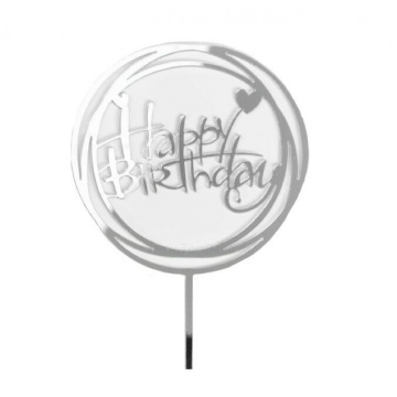 Топпер круглый «Happy Birthday» серебряный