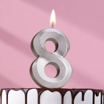 Свеча в торт цифра "8", серебряный металлик, 6,5 см
