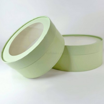 Коробка под зефир, печенье и макароны ШЛЯПНАЯ с окном диам.200мм выс.70 мм (фисташковая)