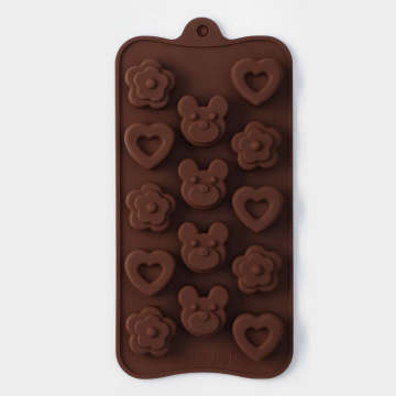 Форма для конфет и шоколада «Мишка, цветок, сердце», силикон, 19,7×10,5×1,5 см, 14 ячеек